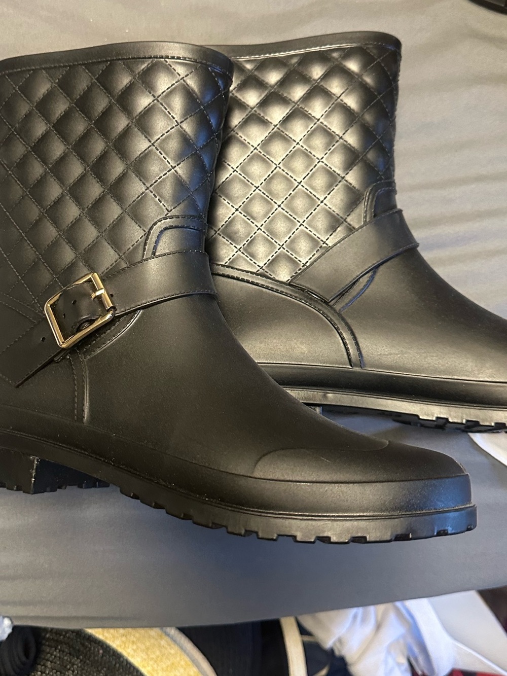 T. Cappelli Black Quilted Rain Boots with Gold Buckle